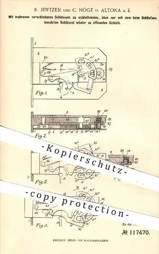 original Patent - R. Jentzen , C. Höge in Altona , 1900 , Schloss mit mehreren Schlüsseln , Türschloss , Tür , Schlosser