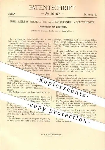 original Patent - Emil Welz in Breslau , August Rittner in Schweidnitz , 1880 , Läuterbottich für die Brauerei , Bier !!