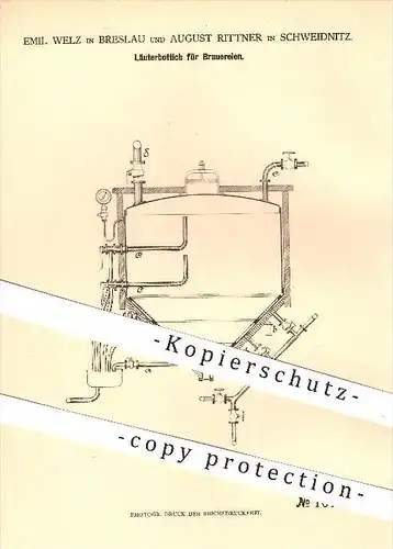 original Patent - Emil Welz in Breslau , August Rittner in Schweidnitz , 1880 , Läuterbottich für die Brauerei , Bier !!