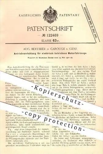 original Patent - Aug. Berthier in Carouge bei Genf , 1900 , Antrieb für elektrische Motor - Fahrzeuge , Elektromotor !!