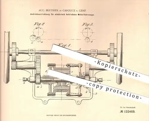 original Patent - Aug. Berthier in Carouge bei Genf , 1900 , Antrieb für elektrische Motor - Fahrzeuge , Elektromotor !!