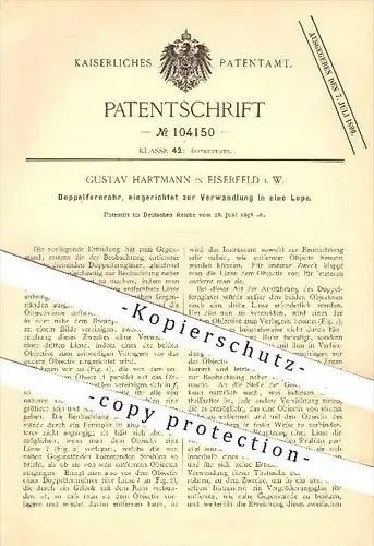 original Patent - Gustav Hartmann , Eiserfeld , 1898 , Verwandlung vom Doppel - Fernrohr in eine Lupe , Fernglas !!!