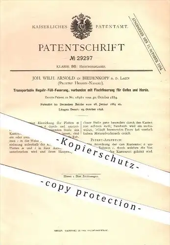 original Patent - Joh. Wilh. Arnold , Biedenkopf , Lahn , 1884 , Regulier - Feuerung mit Flachfeuerung für Ofen & Herd !