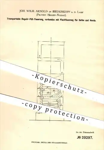 original Patent - Joh. Wilh. Arnold , Biedenkopf , Lahn , 1884 , Regulier - Feuerung mit Flachfeuerung für Ofen & Herd !