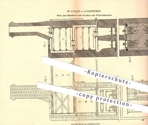 original Patent - Fr. Lölkes , Eckernförde ,1879, Ofen zum Räuchern von Fisch & Fleisch , Räucherofen , Öfen , Ofenbauer