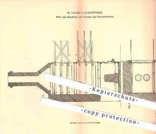 original Patent - Fr. Lölkes , Eckernförde ,1879, Ofen zum Räuchern von Fisch & Fleisch , Räucherofen , Öfen , Ofenbauer