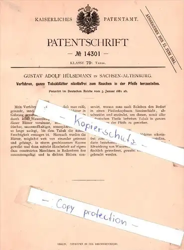 Original Patent - Gustav Adolf Hülsemann in Sachsen-Altenburg , 1881 , Tabak !!!