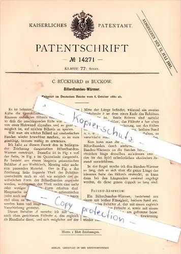 Original Patent - C. Rückhard in Buckow , 1880 ,  Billardbanden-Wärmer , Billard , Märkische Schweiz !!!