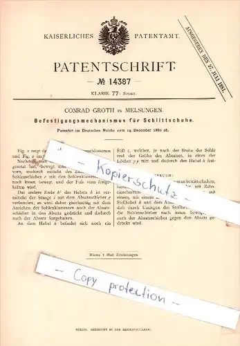 Original Patent - C. Groth in Melsungen , 1880 , Befestigungmechanismus für Schlittschuhe !!!