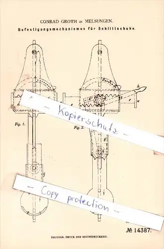 Original Patent - C. Groth in Melsungen , 1880 , Befestigungmechanismus für Schlittschuhe !!!