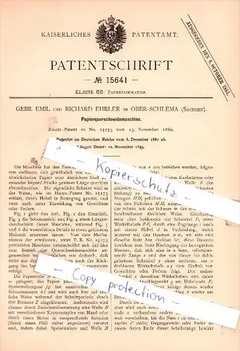 Original Patent - R. Ehrler in Ober-Schlema , Sachsen , 1880 , Papierschneidemaschine , Papierfabrik , Papier !!!