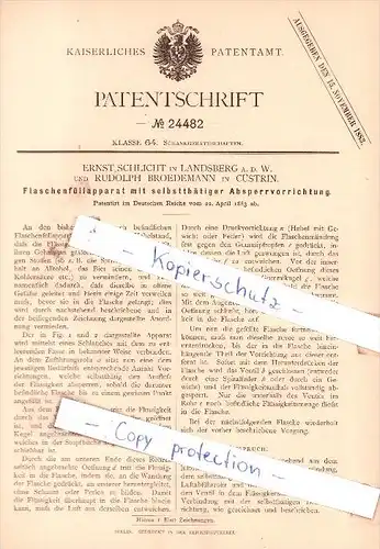 Original Patent -  E. Schlicht in Landsberg a. d. W. und R. Broedemann in Cüstrin , 1883 , Küstrin !!!