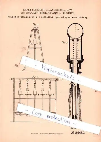 Original Patent -  E. Schlicht in Landsberg a. d. W. und R. Broedemann in Cüstrin , 1883 , Küstrin !!!