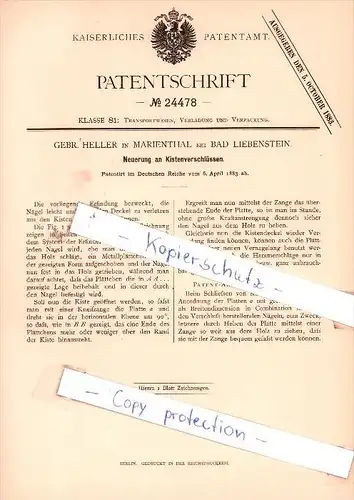 Original Patent - Gebr. Heller in Marienthal bei Bad Liebenstein , 1883 , Kistenverschlüsse !!!