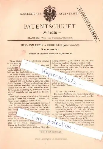 Original Patent - Hermann Heyd in Hohebuch b. Waldenburg , Württemberg , 1882 , Wassermotor !!!