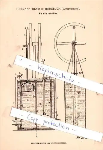 Original Patent - Hermann Heyd in Hohebuch b. Waldenburg , Württemberg , 1882 , Wassermotor !!!