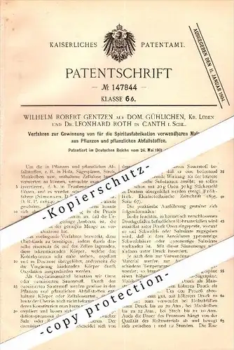 Original Patent - W. Gentzen auf Domäne Gühlichen / Lüben und Dr. L. Roth in Canth / Katy Wroclawskie , 1901, Schlesien