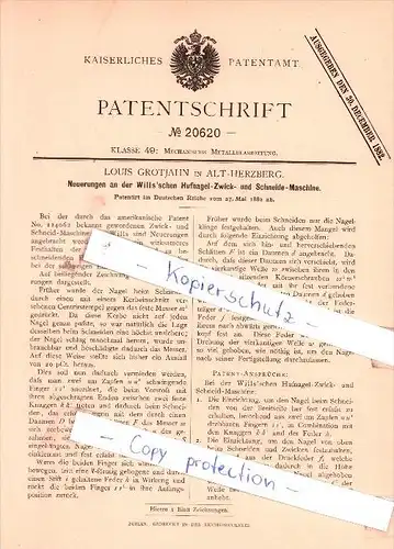 Original Patent - Louis Grotjahn in Alt-Herzberg , 1882 , Mechanische Metallbearbeitung !!!
