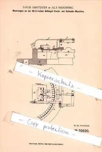 Original Patent - Louis Grotjahn in Alt-Herzberg , 1882 , Mechanische Metallbearbeitung !!!