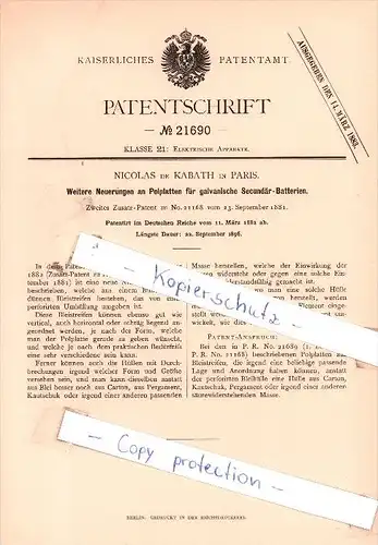 Original Patent - Nicolas de Kabath in Paris , 1882 , Elektrische Apparate !!!