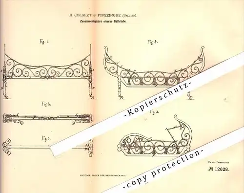 Original Patent - H. Colaert in Poperinge , Belgium , 1880 , zusammenlegbares Eisen-Bett !!!