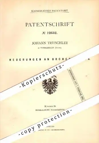 Original Patent - Johann Tritschler in Vöhrenbach , Baden , 1880 , Orchestrion , Orgel , Kirche , Kirchenmusik !!!