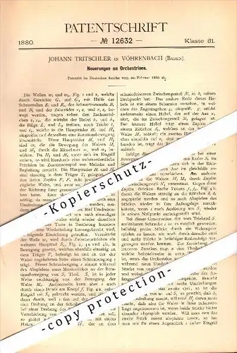 Original Patent - Johann Tritschler in Vöhrenbach , Baden , 1880 , Orchestrion , Orgel , Kirche , Kirchenmusik !!!