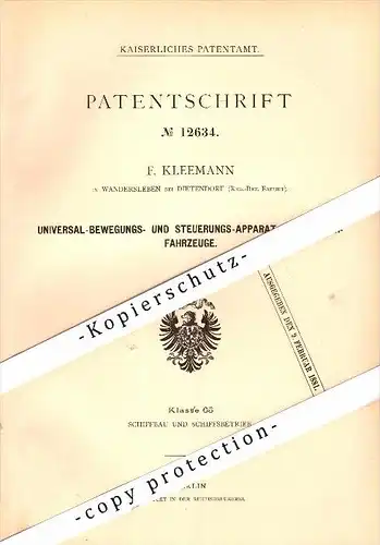 Original Patent - F. Kleemann in Wandersleben b. Gotha , 1880 , Steuerungsapparat für Boote , Dietendorf , Erfurt !!!