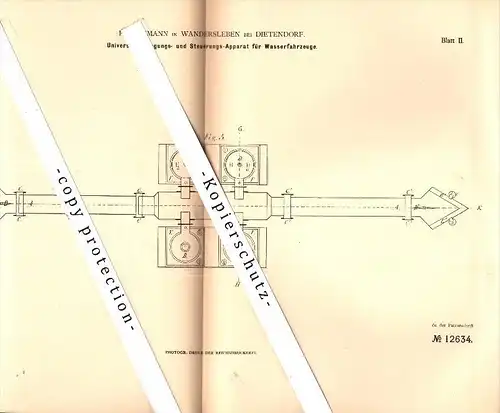 Original Patent - F. Kleemann in Wandersleben b. Gotha , 1880 , Steuerungsapparat für Boote , Dietendorf , Erfurt !!!