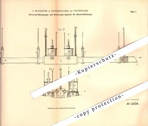 Original Patent - F. Kleemann in Wandersleben b. Gotha , 1880 , Steuerungsapparat für Boote , Dietendorf , Erfurt !!!