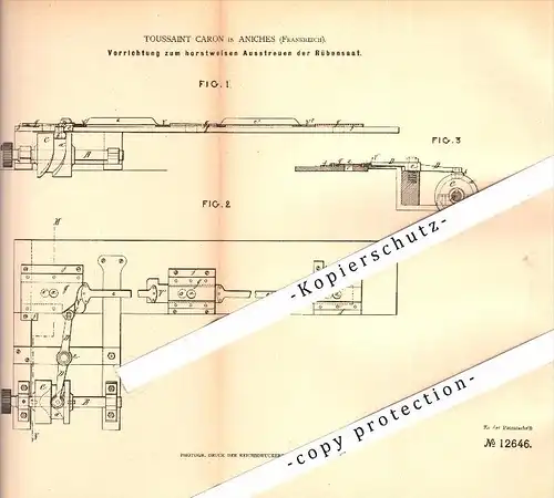 Original Patent - Toussaint Caron à Aniche , France , 1880 , Diffusion de semis , Agriculture !!!