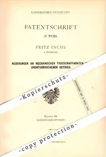 Original Patent - Fritz Esche in Schipkau / Zschipkau , 1879 , Trockenapparat , Trockner !!!