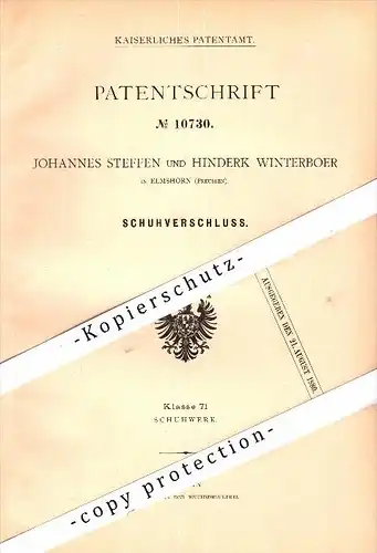 Original Patent - J. Steffen und H. Winterboer in Elmshorn , 1880 , Schuhverschluß , Schuhmacher , Schuster , Schuhe !!!