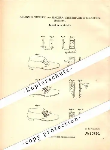 Original Patent - J. Steffen und H. Winterboer in Elmshorn , 1880 , Schuhverschluß , Schuhmacher , Schuster , Schuhe !!!