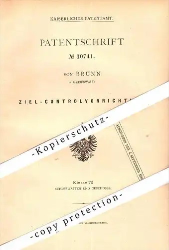 Original Patent - von Brunn in Greifswald i. Mecklenburg , 1879 , Zielvorrichtung für Gewehr , Schützenverein , Jagd !!!