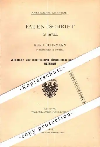 Original Patent - Kuno Steinmann in Tiefenfurt b. Chemnitz , 1880 , Herstellung von künstlichem Sandstein !!!
