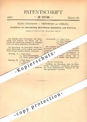 Original Patent - Kuno Steinmann in Tiefenfurt b. Chemnitz , 1880 , Herstellung von künstlichem Sandstein !!!