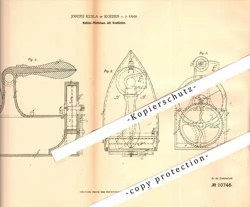 Original Patent - Joseph Kubla in Köben a.d. Oder / Chobienia , 1880 , Kohle-Bügeleisen mit Ventilator , Schlesien !!!