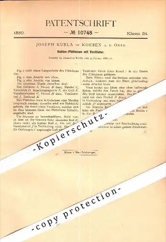 Original Patent - Joseph Kubla in Köben a.d. Oder / Chobienia , 1880 , Kohle-Bügeleisen mit Ventilator , Schlesien !!!