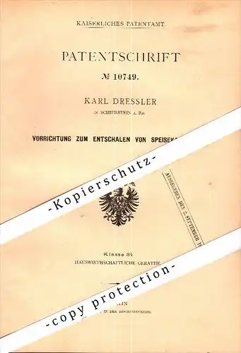 Original Patent - Karl Dressler in Schierstein b. Wiesbaden , 1880 , Entschalung von Kartoffeln , Landwirtschaft , Agrar