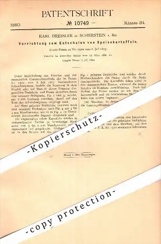 Original Patent - Karl Dressler in Schierstein b. Wiesbaden , 1880 , Entschalung von Kartoffeln , Landwirtschaft , Agrar