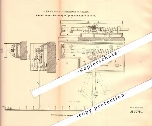 Original Patent - Alex Kilian in Marienborn b. Sommersdorf , 1880 , akustisches Warnsignal für Eisenbahn !!!