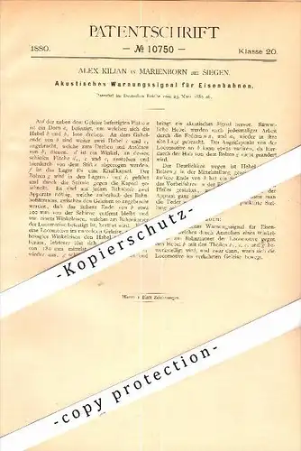 Original Patent - Alex Kilian in Marienborn b. Sommersdorf , 1880 , akustisches Warnsignal für Eisenbahn !!!