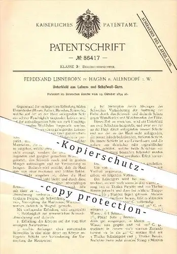 original Patent - Ferdinand Linneborn , Hagen , Allendorf i. W. , 1894, Unterkleid aus Leinen u. Schafwolle , Bekleidung