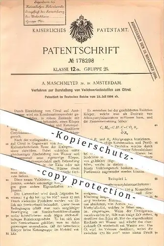 original Patent - A. Maschmeyer , Amsterdam , 1904 , Darstellung von Veilchen - Riechstoff aus Zitral , Duft , Chemie !!