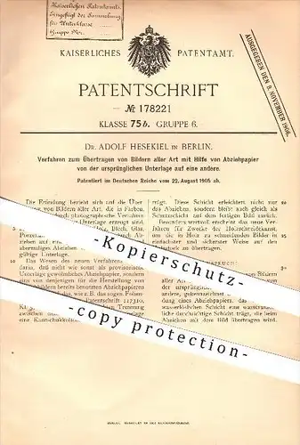 original Patent - Dr. Adolf Hesekiel in Berlin , 1905 , Übertragen von Bildern , Papier , Kopieren , Kopie , Fotografie