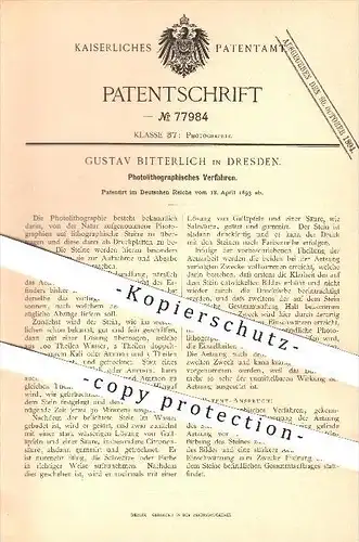 original Patent - Gustav Bitterlich , Dresden , 1893, Photolithographisches Verfahren , Photographie , Fotografie , Foto