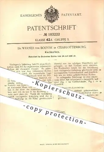 original Patent - Dr. Werner von Bolton in Charlottenburg , 1906 , Koch - Kolben , Gefäß , Glas , Chemie , Erlenmeyer !!