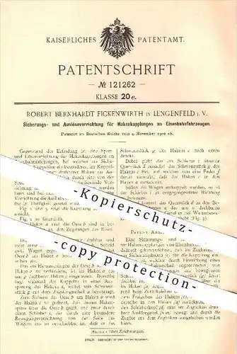 original Patent - Robert B. Fickenwirth , Lengenfeld i. V. , 1900 , Sichern u. Auslösen von Kupplungen an Eisenbahnen !!