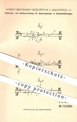 original Patent - Robert B. Fickenwirth , Lengenfeld i. V. , 1900 , Sichern u. Auslösen von Kupplungen an Eisenbahnen !!